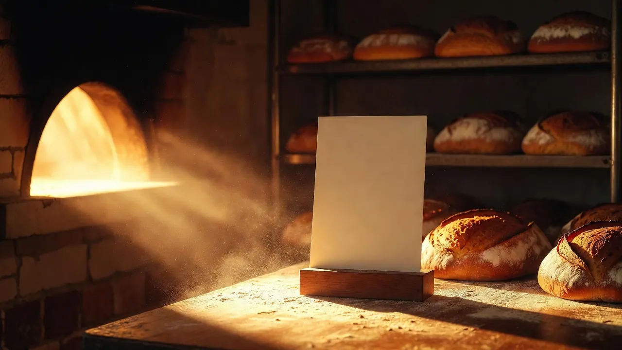 Ovenlicht valt op een blanco schapkaartje tussen versgebakken broden, voor openingstijd