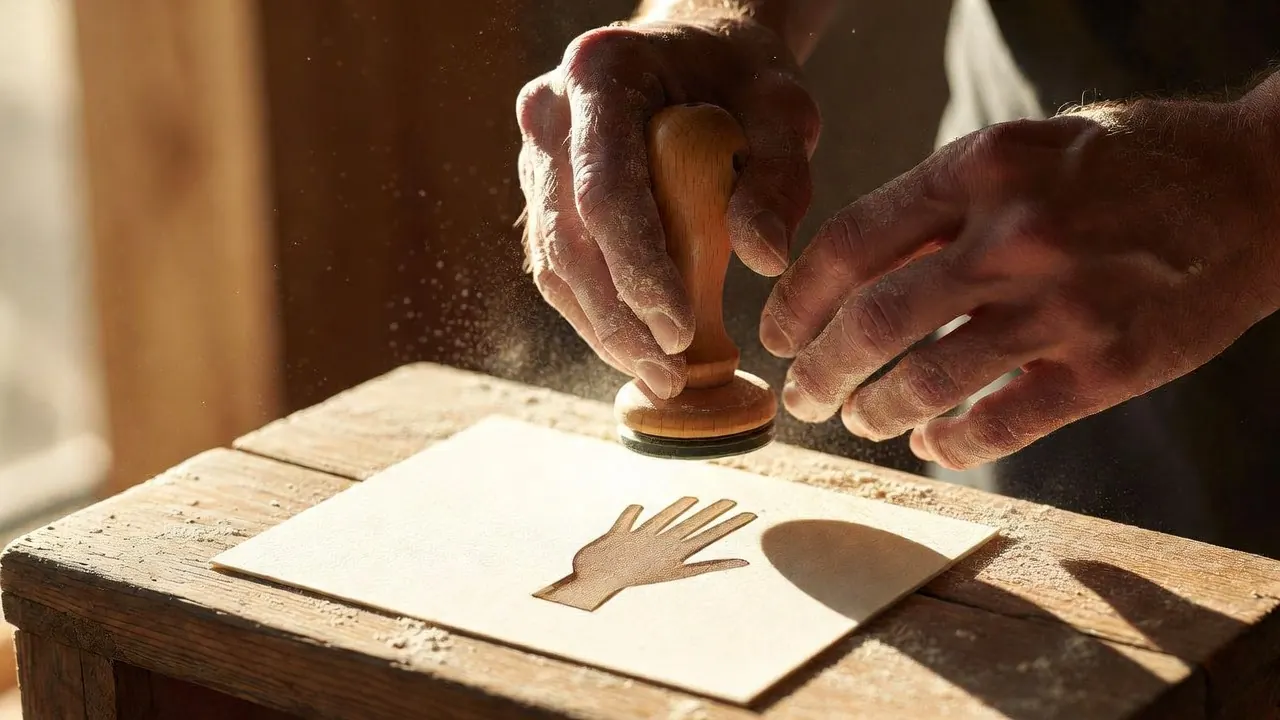 Bebloemde bakkershanden drukken een houten handstempel op een schapkaart